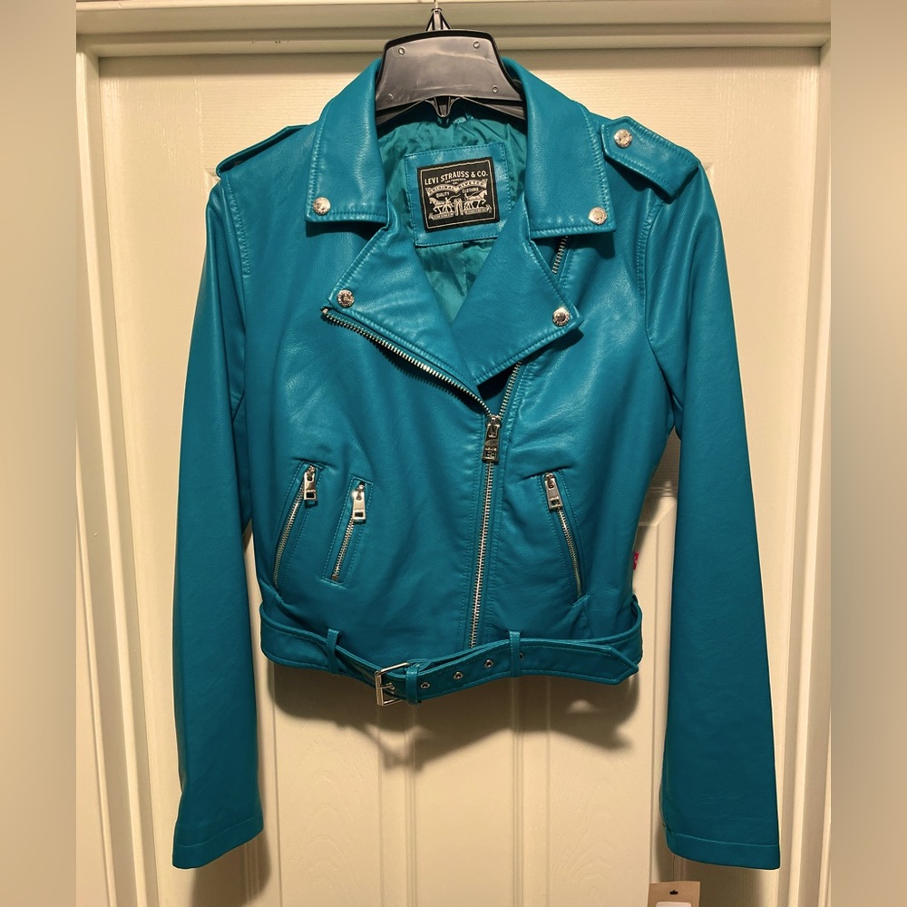 Levi's Motorcycle Jacket Women' Size S Teal Blue Faux Leather Belted Buckle Moto